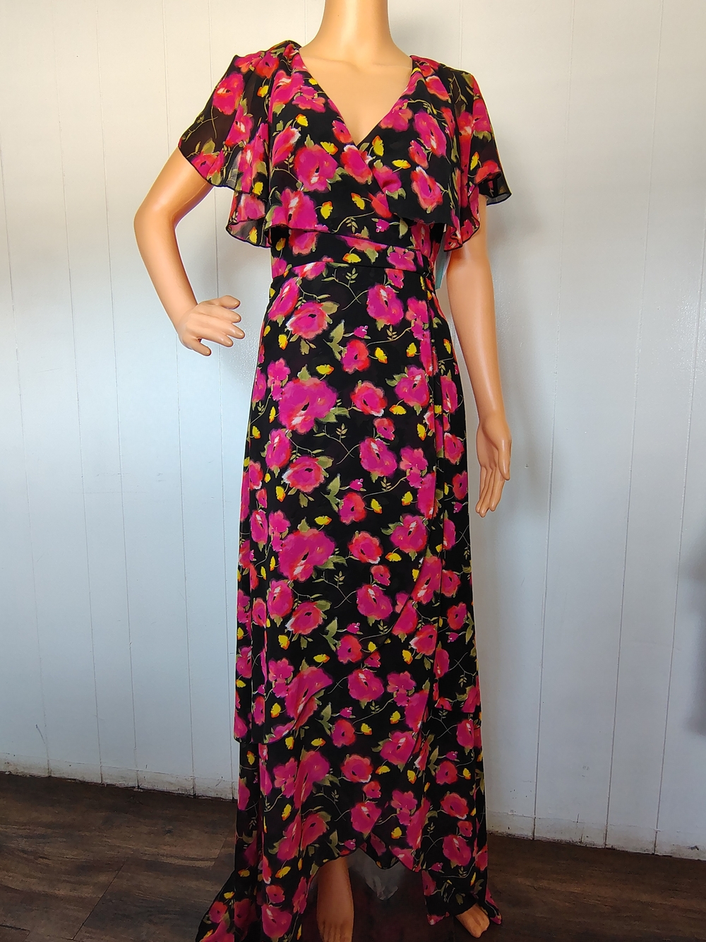 Abound Black Maxi Dress with Fuchsia Floral Print Size XS